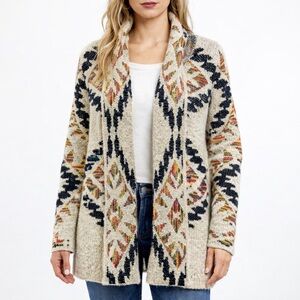 Woven Heart Cream and Multicolor Patterned Open Front Cardigan Boho Aztec Cozy